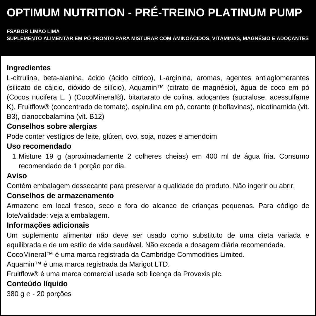 Platinum Pump Pre-workout Optimum Nutrition